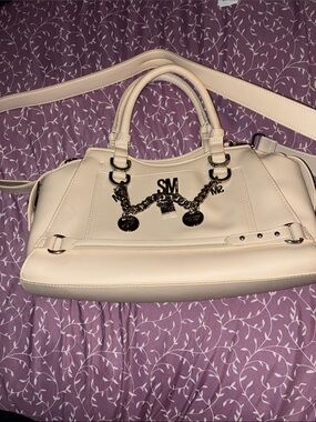 Steve Madden Cream Leather Satchel with Chain Charm